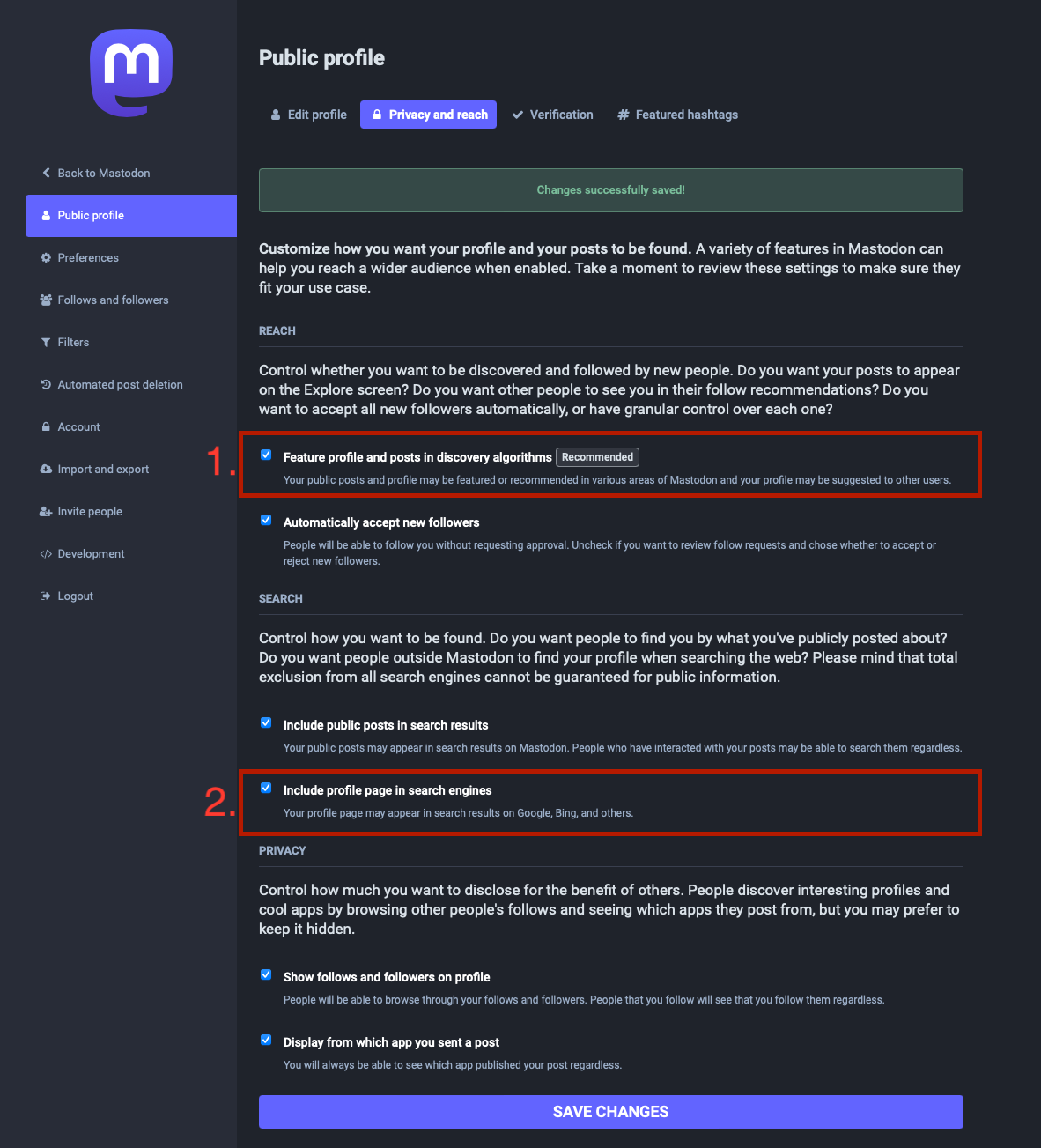 Screenshot of the Mastodon Profile page, Privacy and reach tab, showing which checkboxes are required to get listed