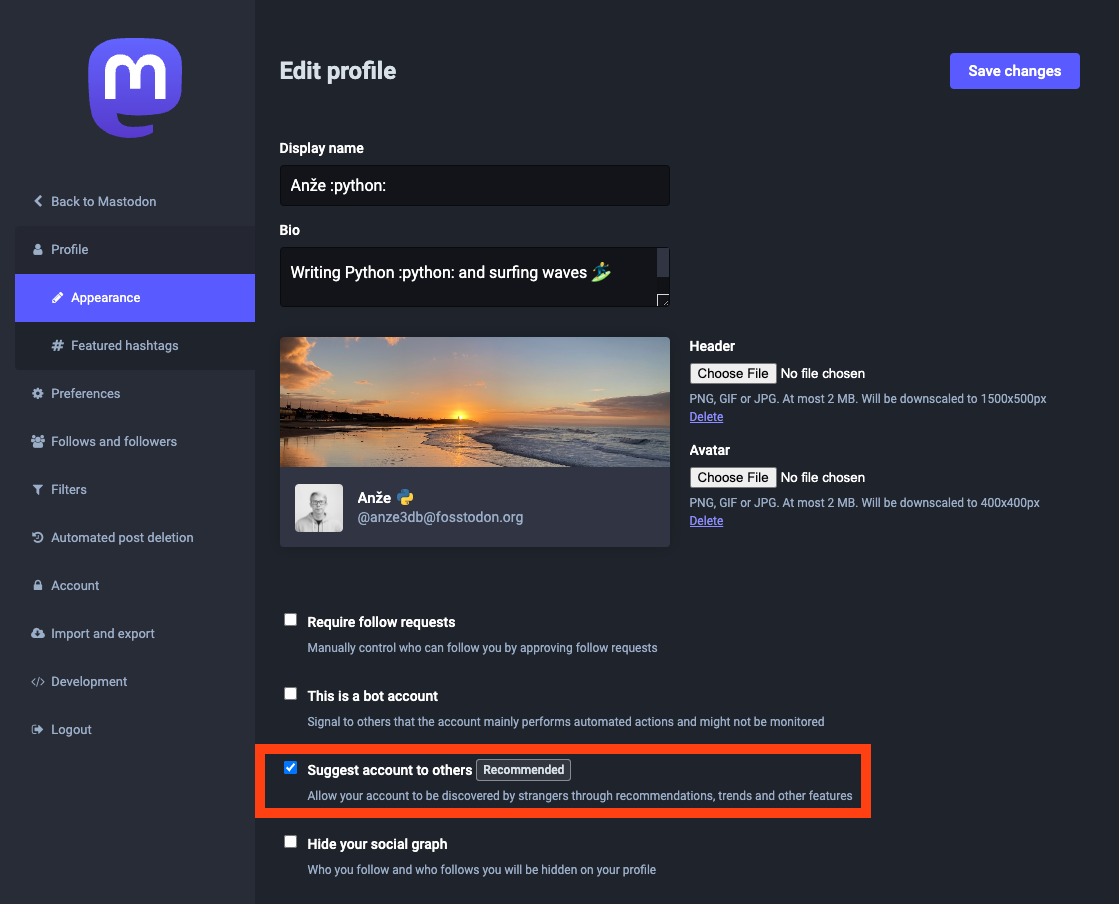 Screenshot of the Mastodon Edit profile page showing the Suggest account to others checkbox