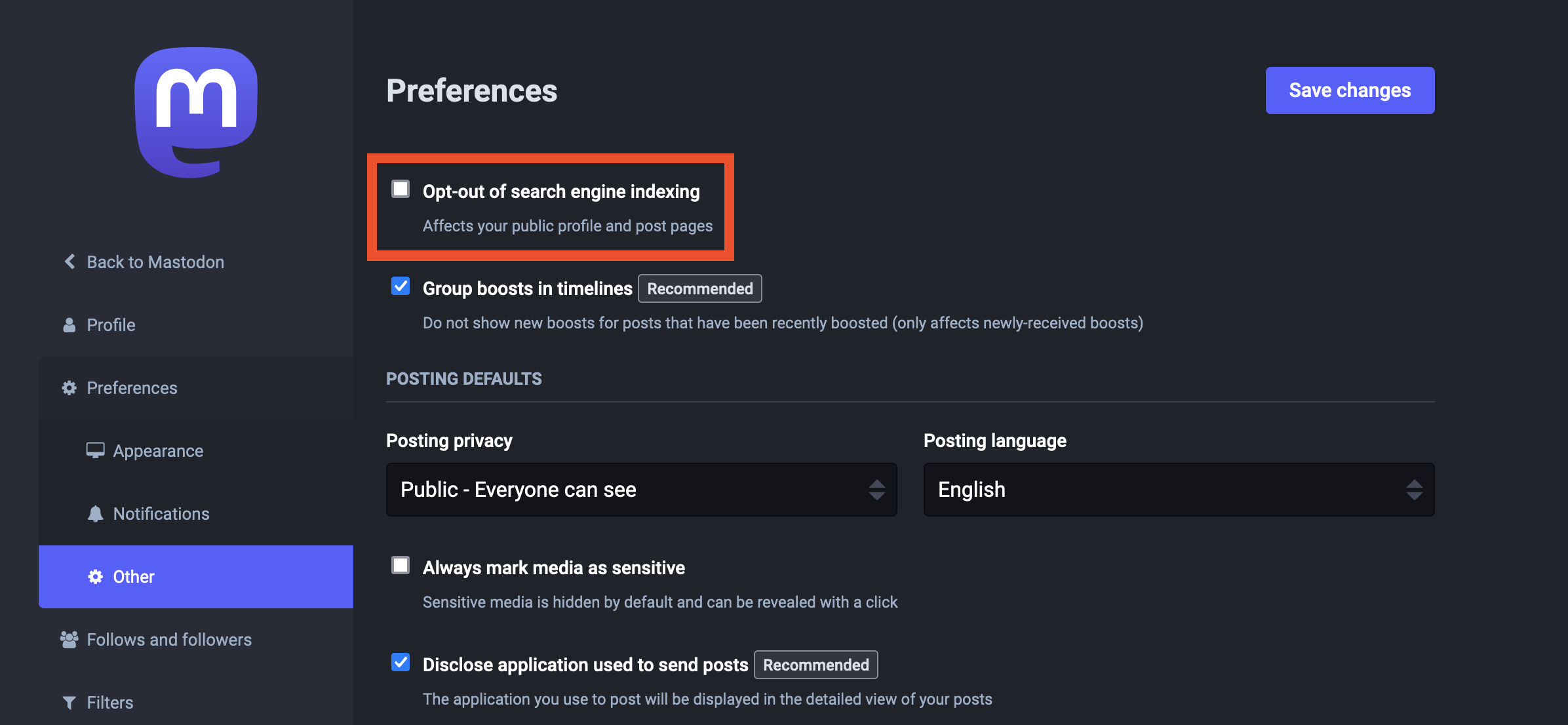 Screenshot of the Mastodon Preferences page showing the Opt-out of search engine indexing checkbox
